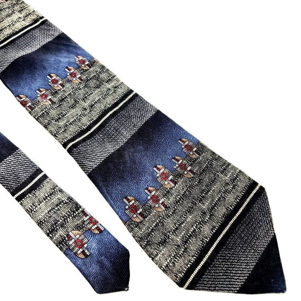 Chez Roffe Silk Tie‎ Print Gray Blue Wide